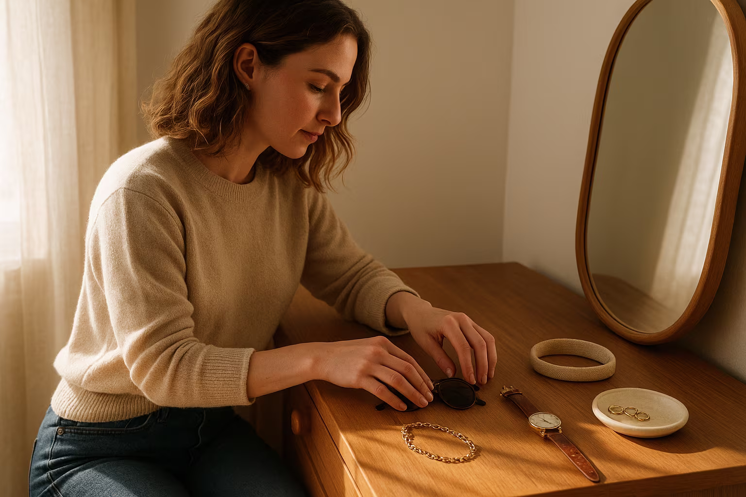 Person arranging costume jewelry on a wooden dresser in natural light