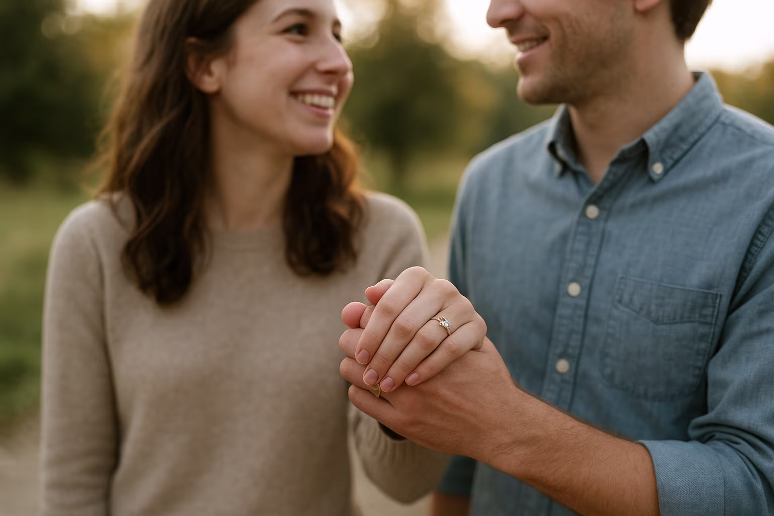 Couple holding hands showing an engagement ring in natural light