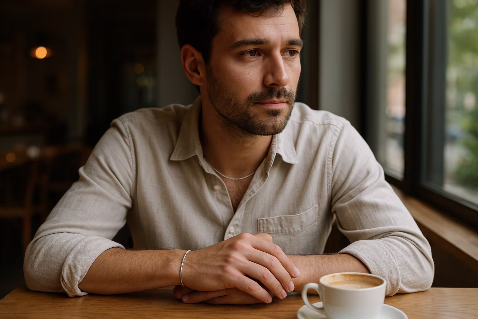 Lifestyle portrait of a man wearing a subtle bracelet and chain