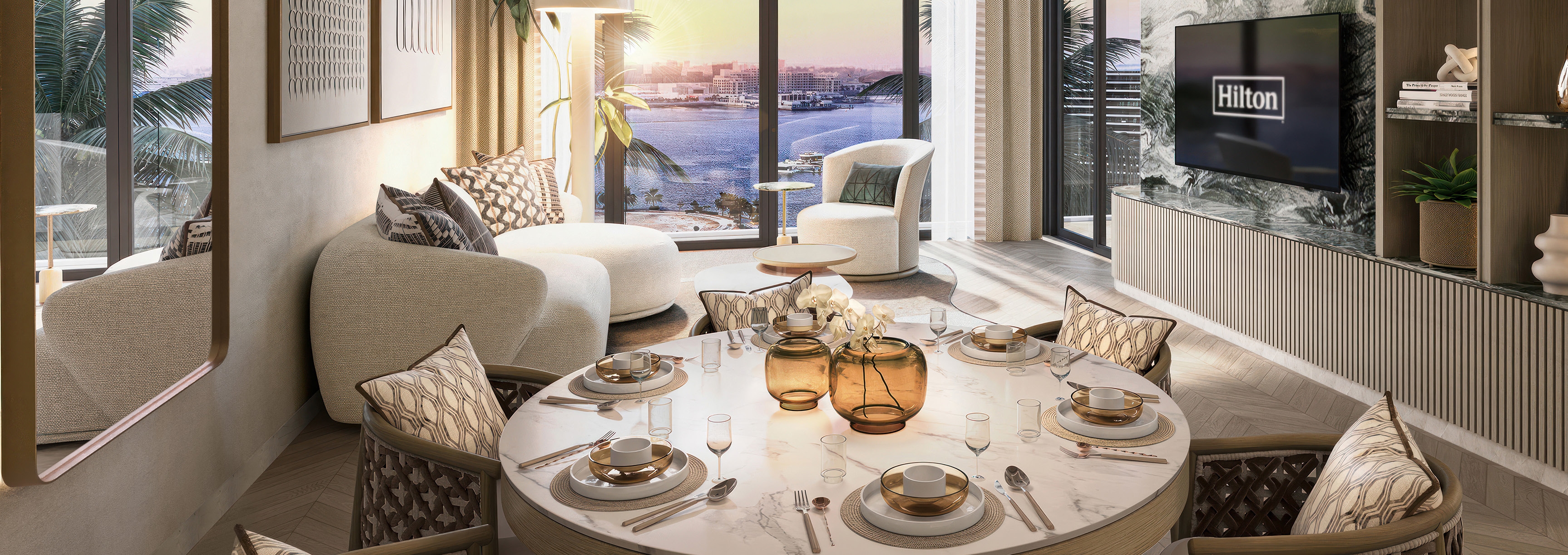 Luxury living and dining area at Hilton Residences Abu Dhabi Al Raha