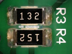 On next PCB, discolored terminals on R3 and R4