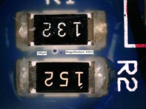 R1 and R2 on first PCB, resistive element is discolored