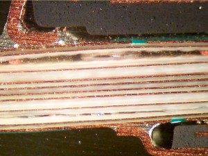 Delamination near the top and bottom