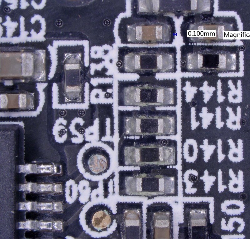 There is so much corrosion that even their test points were corroded, as well as a bank of SM resistors from terminal to terminal.