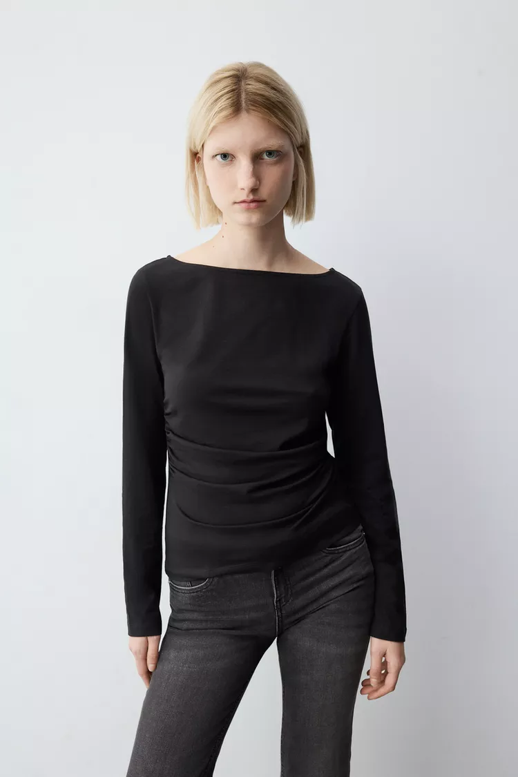 Midnight Onyx Gathered Boat Neck Tee