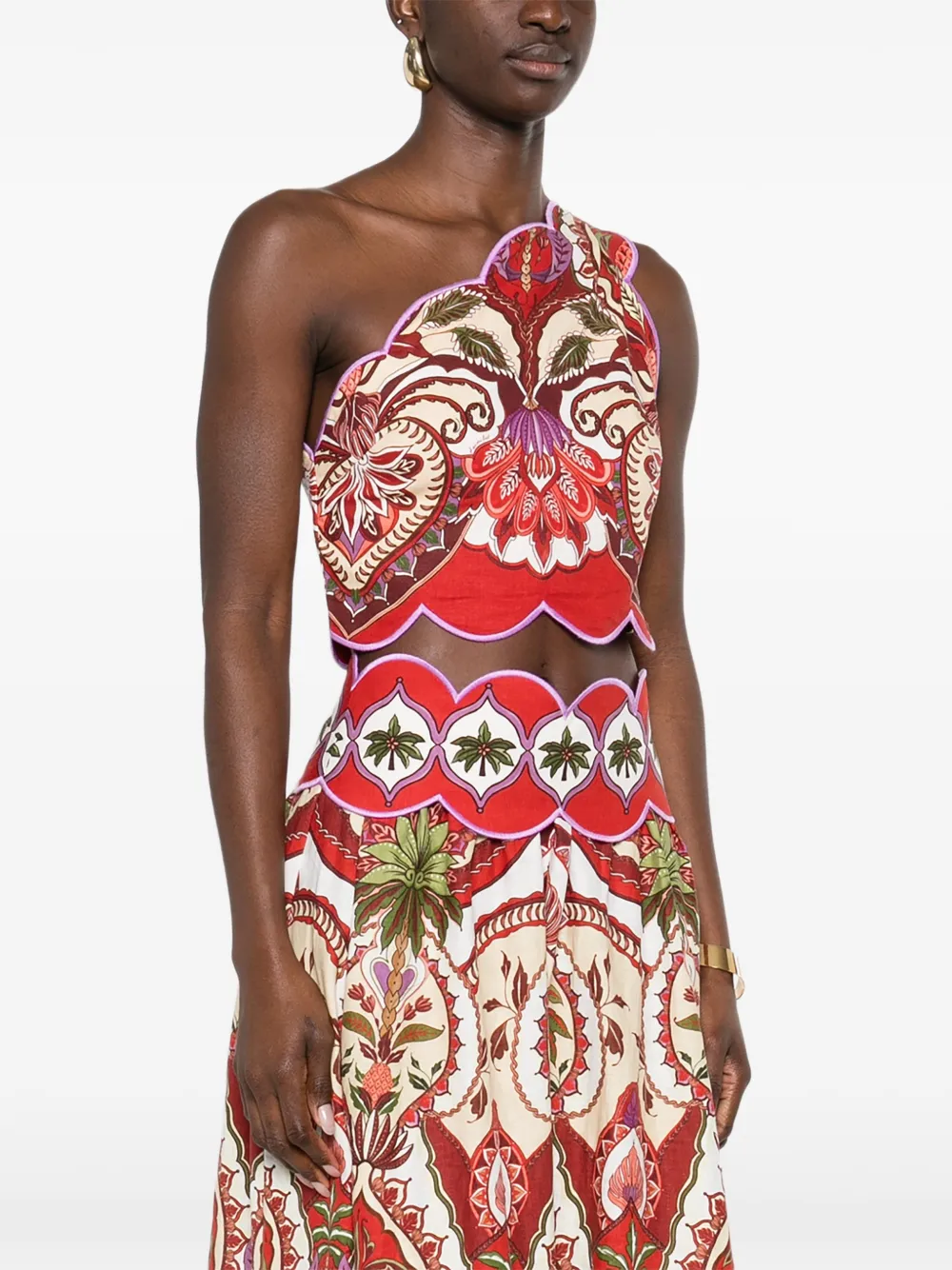 Crimson Floral Asymmetric Scalloped Top
