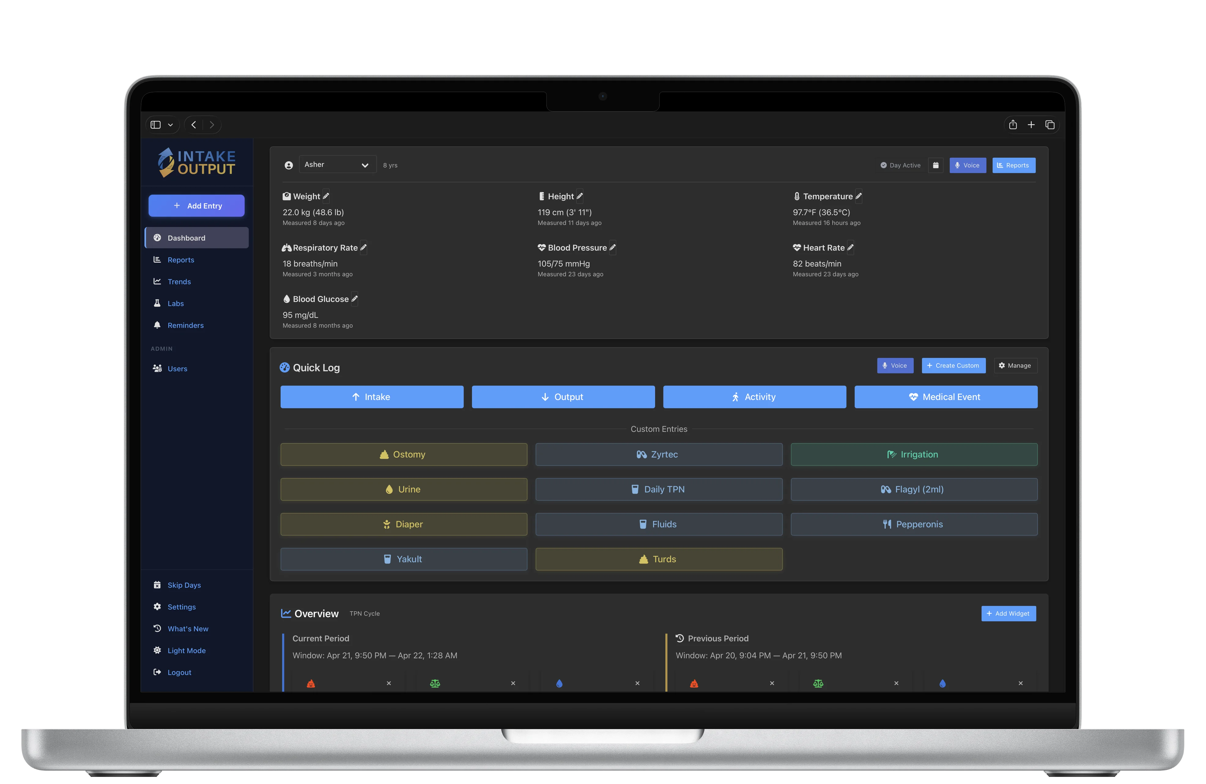 IntakeOutput web dashboard on desktop