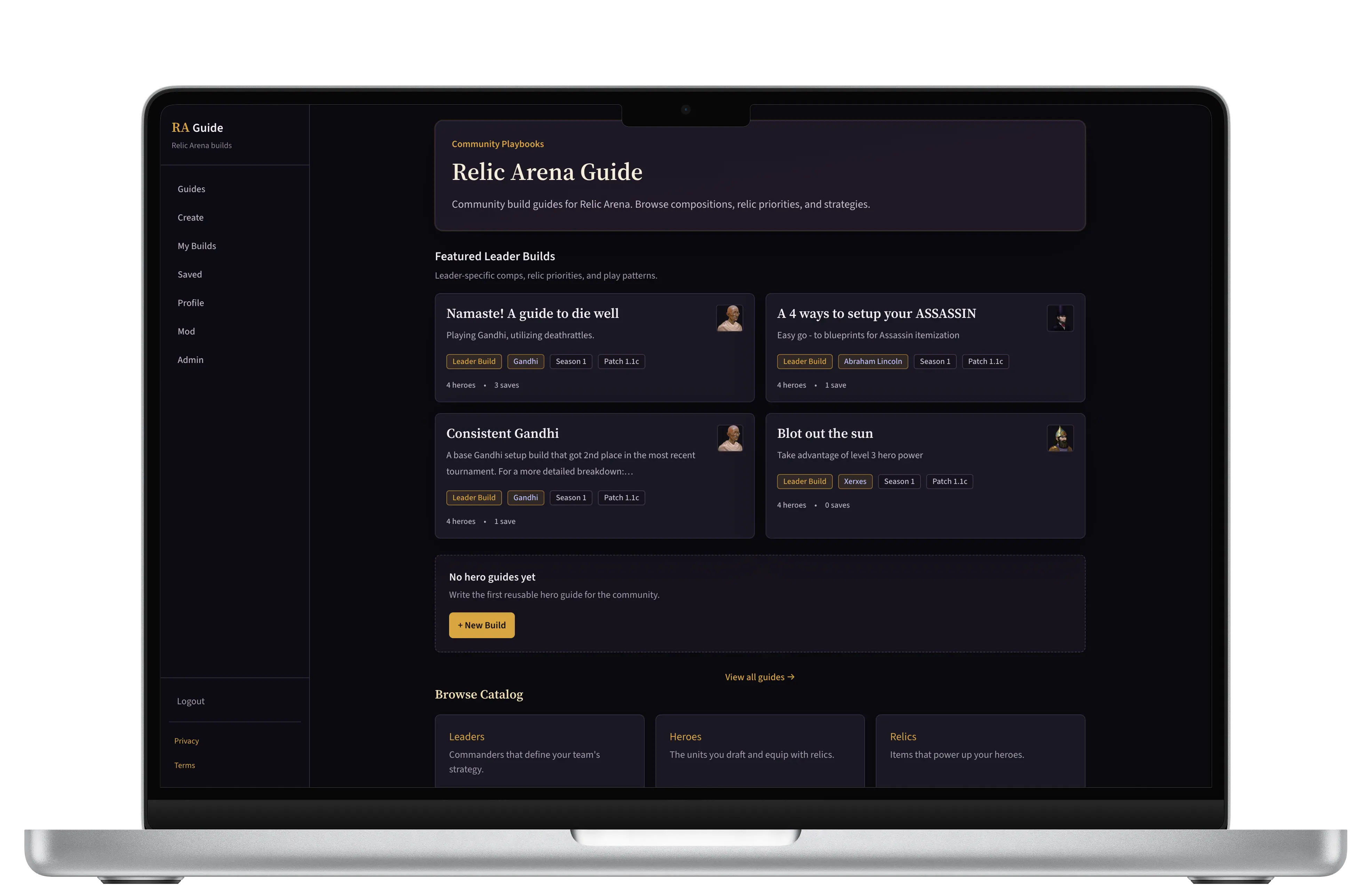 Relic Arena Guide desktop and mobile website showcase