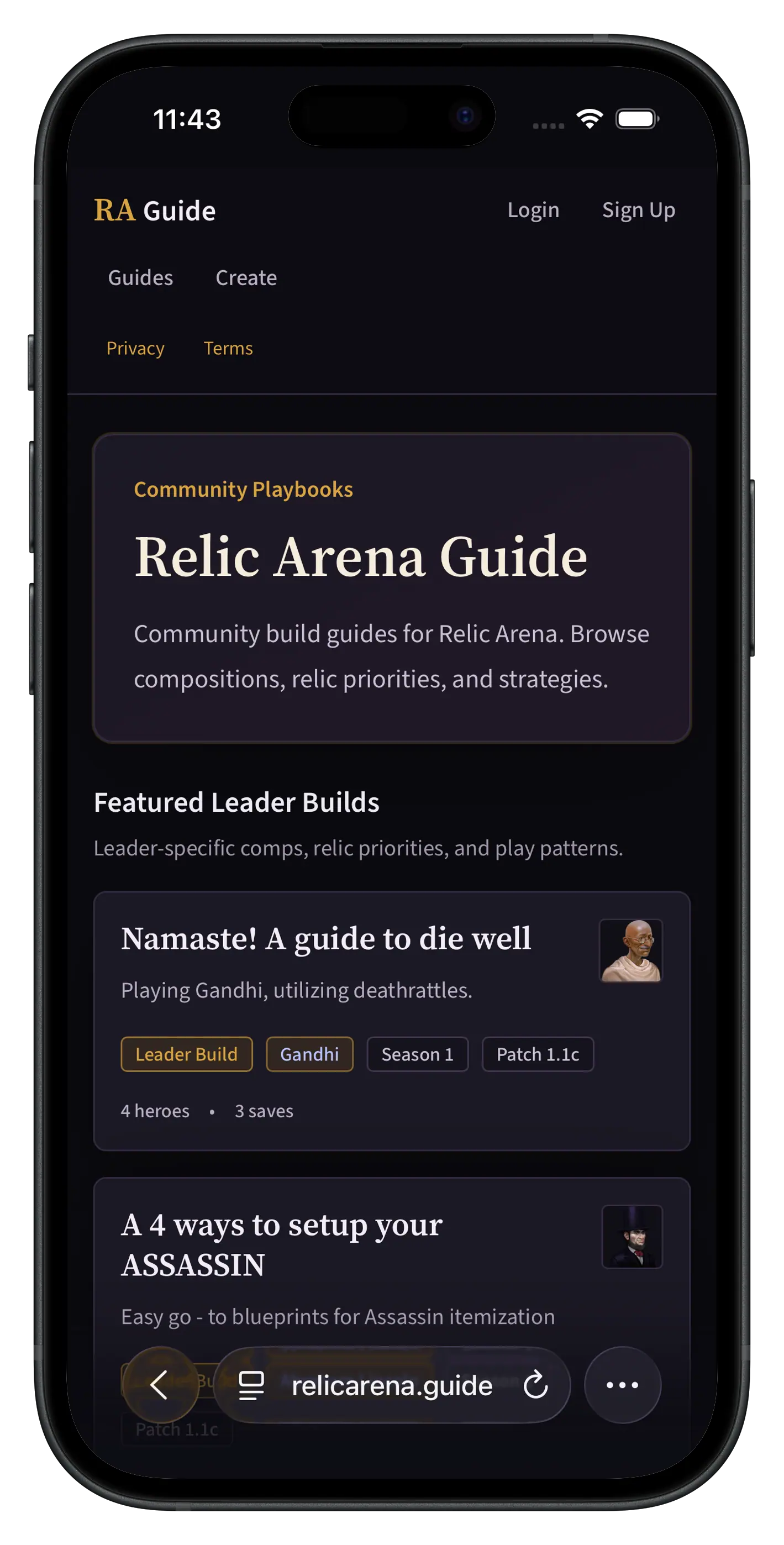 Relic Arena Guide mobile website showcase