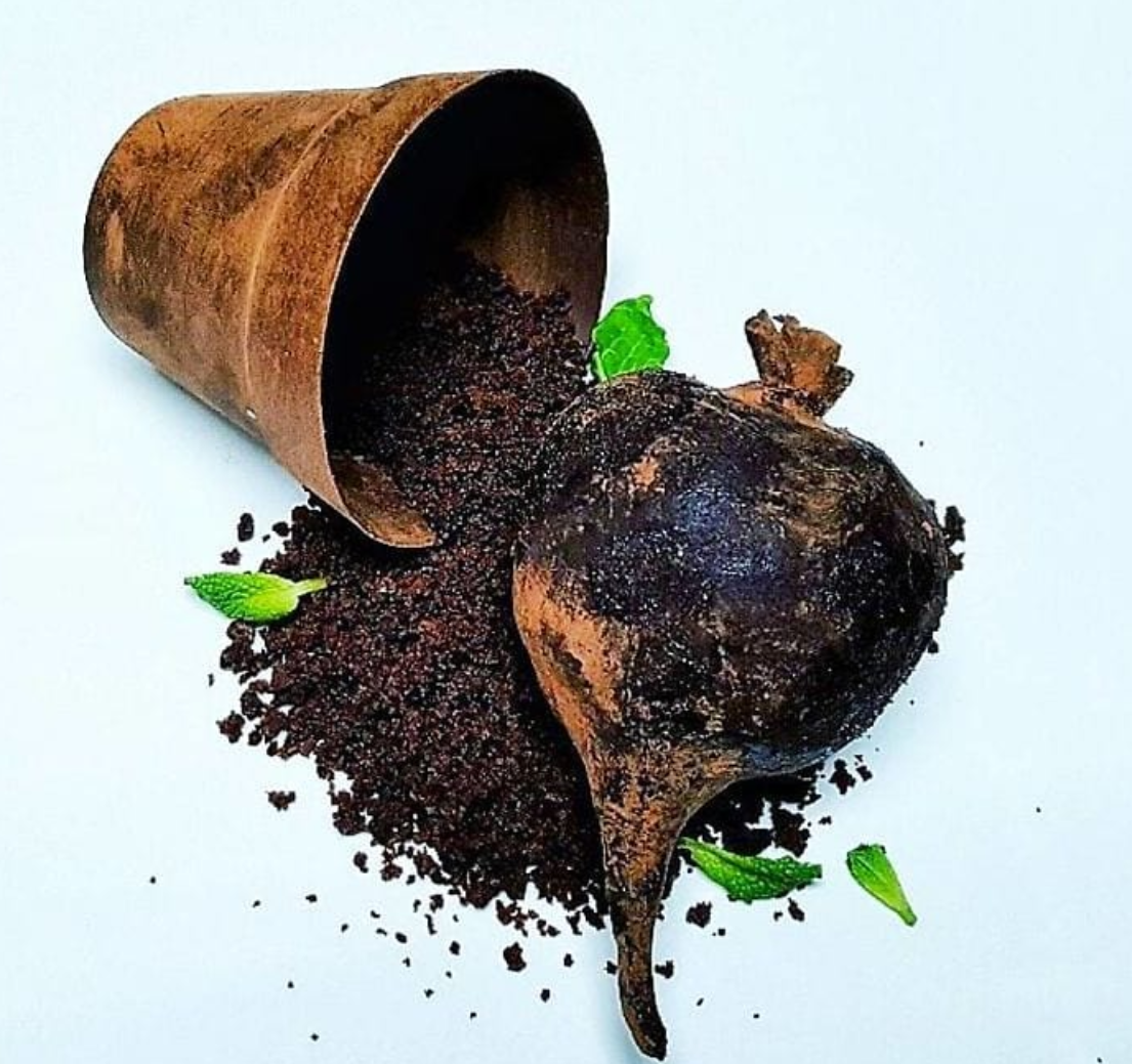 Terra cotta pot, tipped over and spilling dirt and a large beet root, food optical illusion from chefbenchurchill instagram