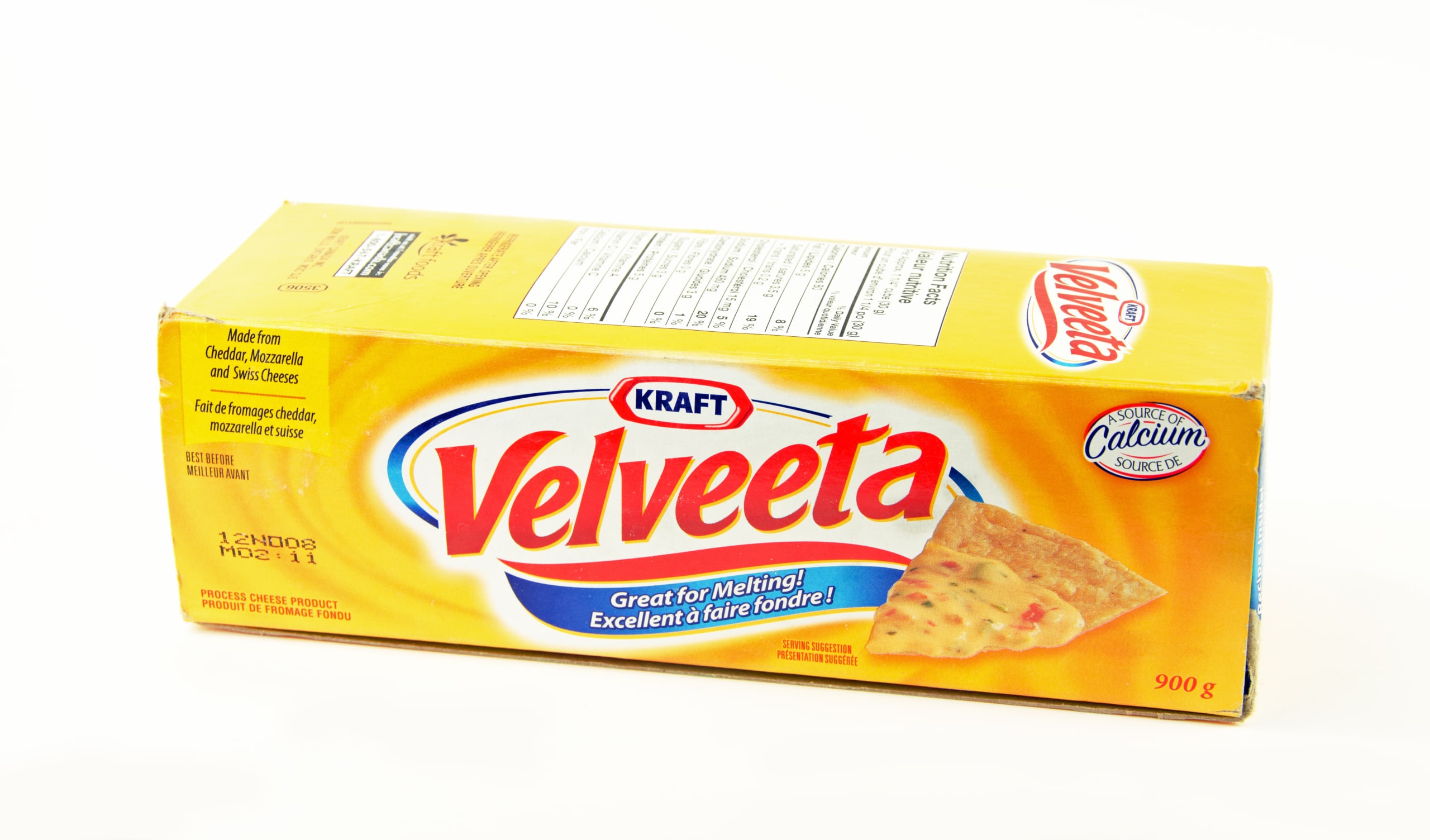 Bruce, Canada- July 23, 2012: A large box of Velveeta cheese showing the front of the box, which has been opened. The image is vertical so it can be read. Velveeta is a processed cheese produce by Kraft.