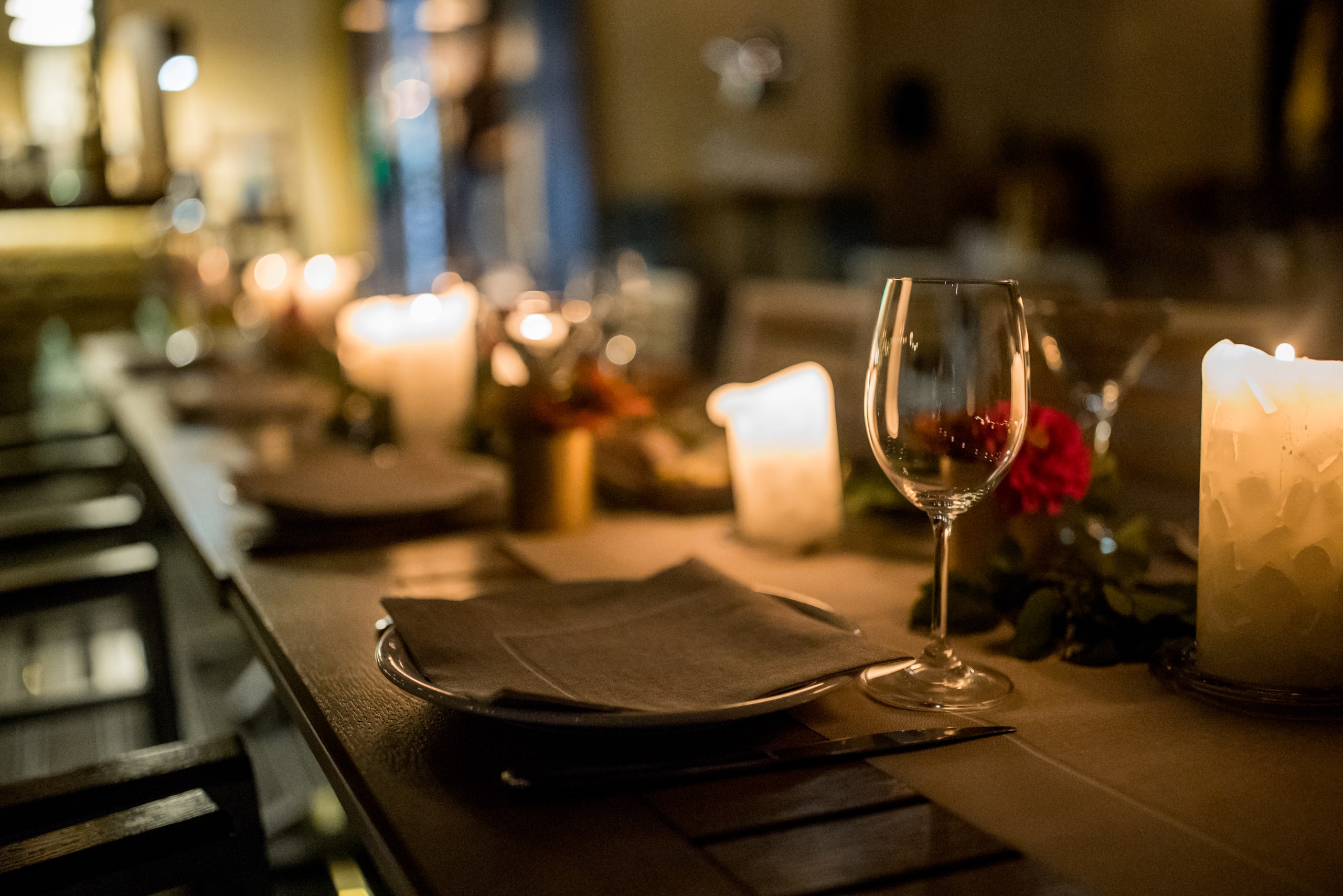 decorated dining table at night