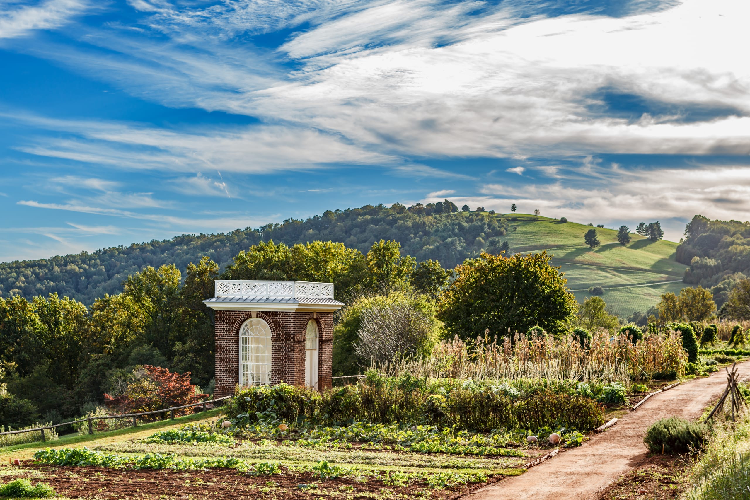 Vegetable garden and brick pavilion at US President and Founding Father Thomas Jefferson's plantation at Monticello