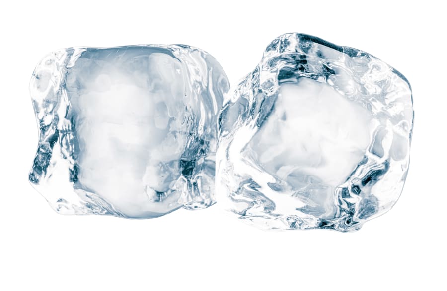 Two crystal clear ice cubes on white background.