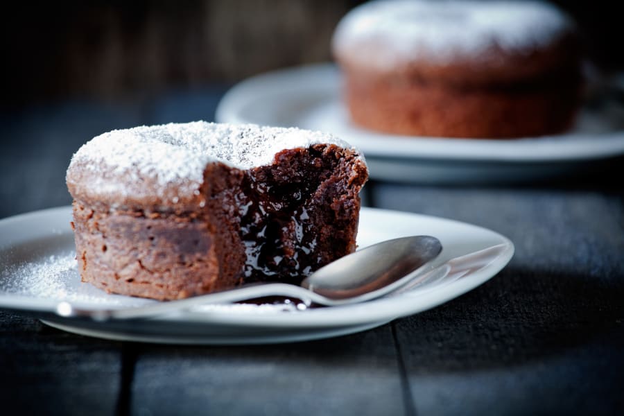 Close up of two chocolate mud cakes