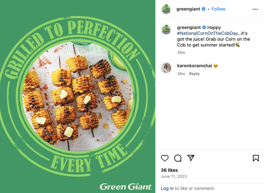 Image of small, grilled cobs of corn on sticks, posted on Instagram by @greengiant