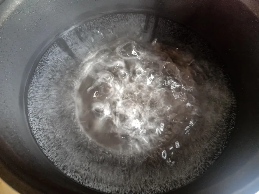 the water is already boiling in the pot. selective focus