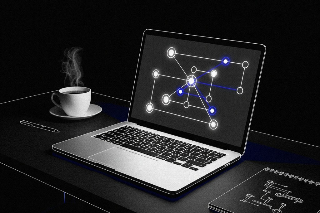 A laptop showing network diagrams with a notepad and coffee in the background