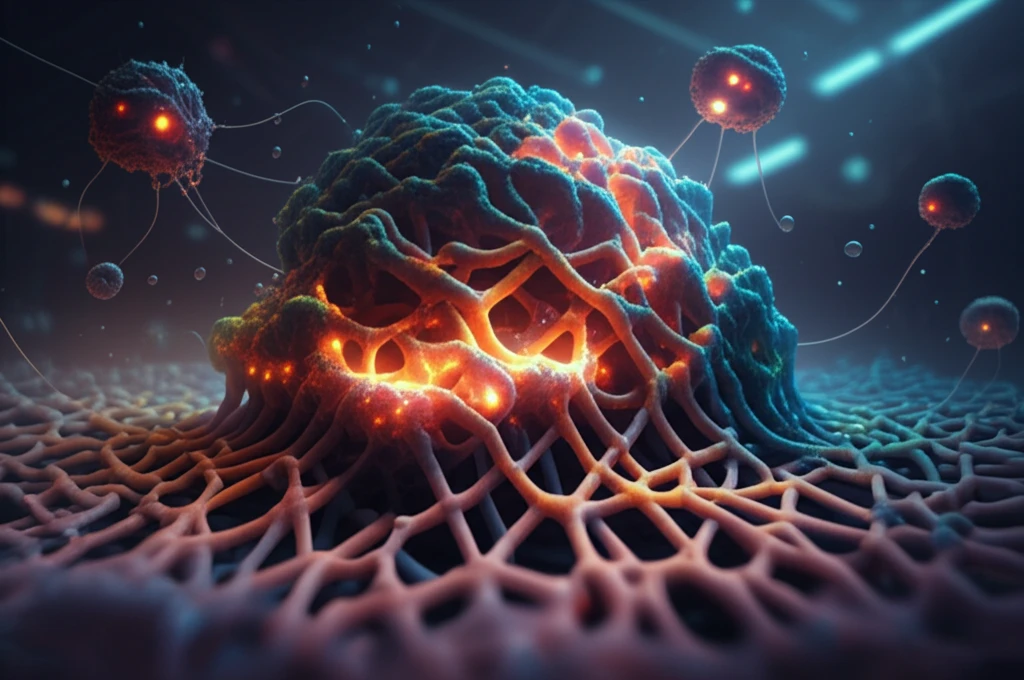 Intricate 3D-printed scaffolds supporting vibrant cell growth in a futuristic lab, representing tissue engineering advancements.