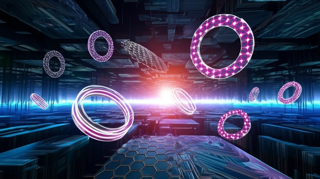 Interconnected silicene, germanene, and stanene nanorings glowing in a magnetic field, symbolizing technological innovation.