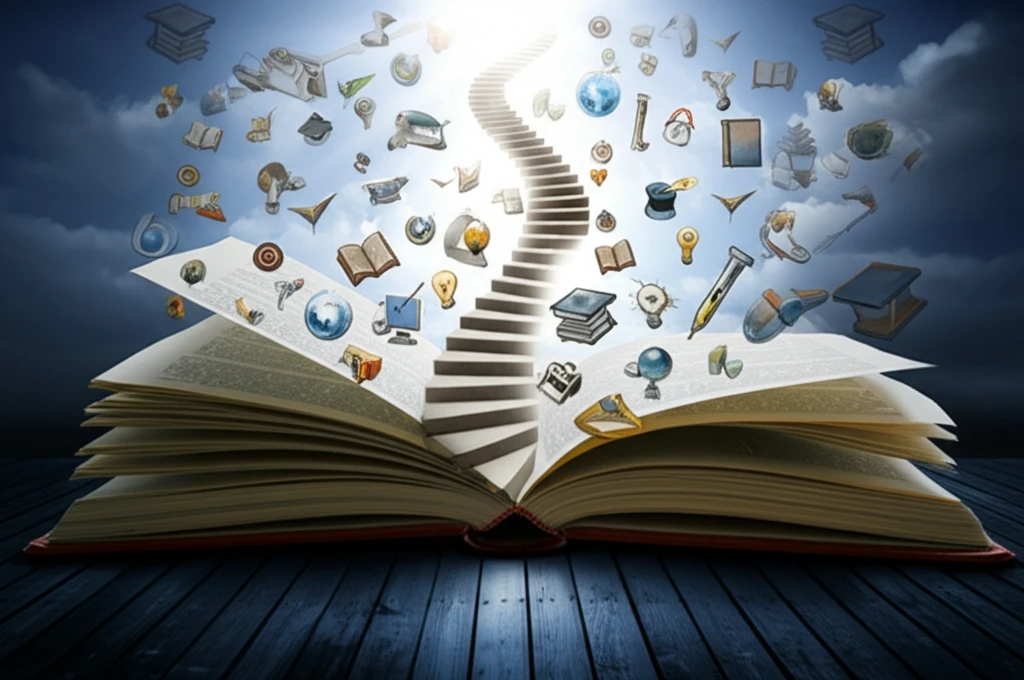 Open book transforming into a staircase, symbolizing lifelong learning.
