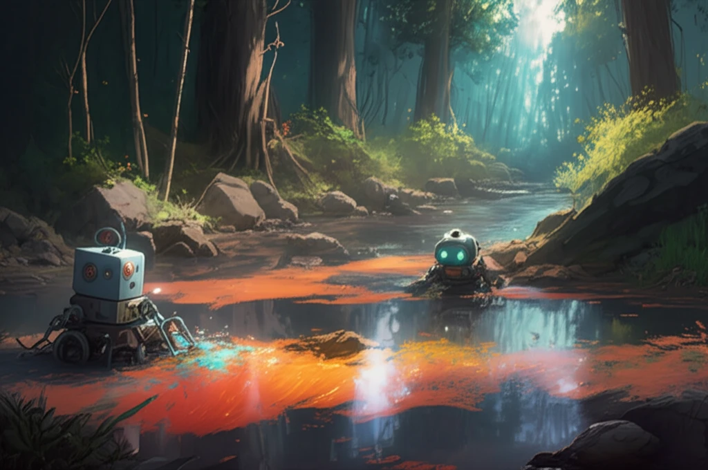 Cerium oxide cleaning robots purifying a polluted river.