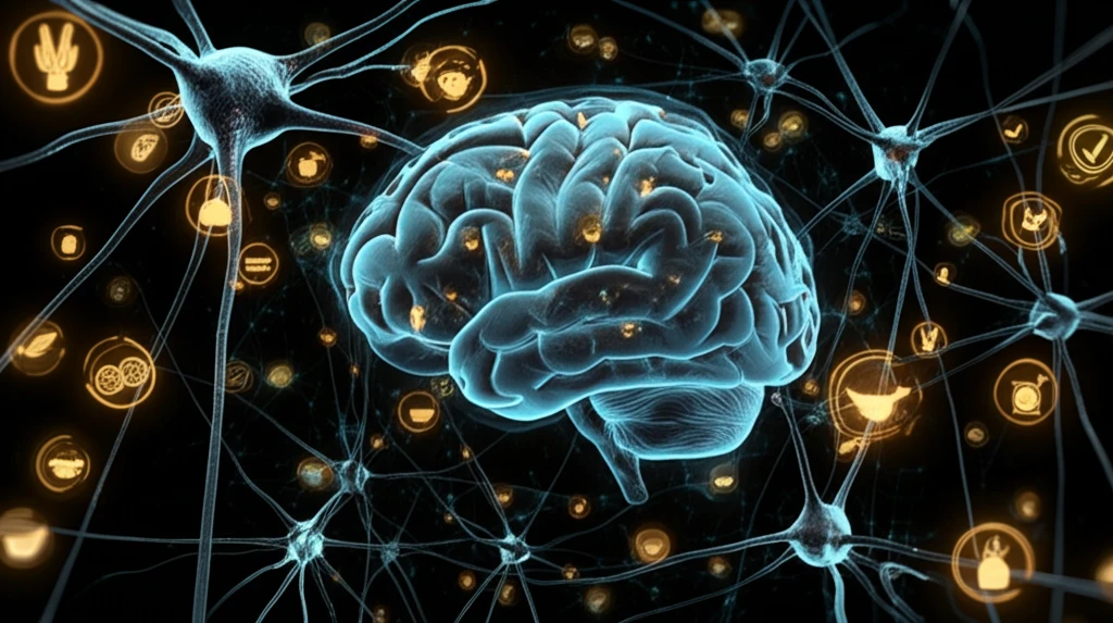 Brain synapses connected to social networks and healthy food symbols, symbolizing cognitive health.