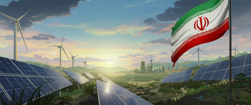 Surreal illustration comparing solar and wind energy landscapes in Germany and Iran