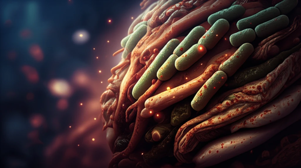 Glowing Lactobacillus paraplantarum SC61 bacteria symbolizing enhanced gut health.