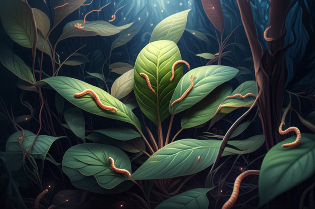 Surreal illustration of Phrynium imbricatum leaves intertwined with glowing worms, symbolizing natural deworming.