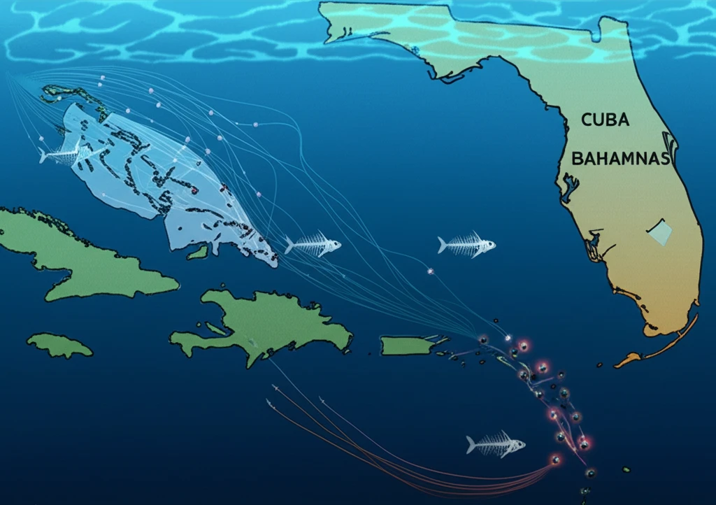 Bonefish larvae drifting in ocean currents interconnected by glowing lines.