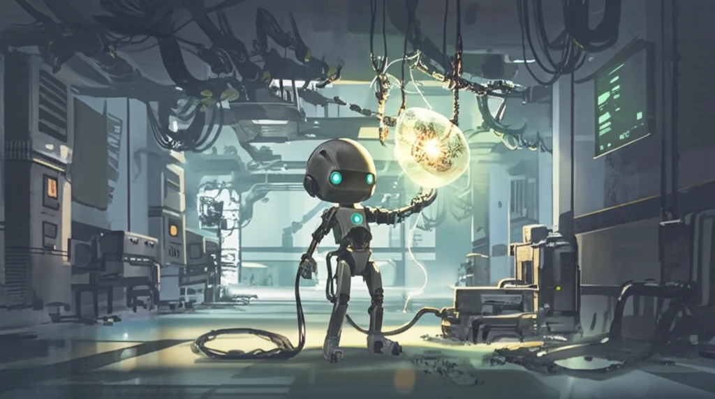Child-sized robot gently holding a translucent cyst in a futuristic hospital.