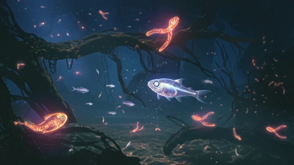 Translucent Otothyropsis fish swimming amidst glowing chromosomes