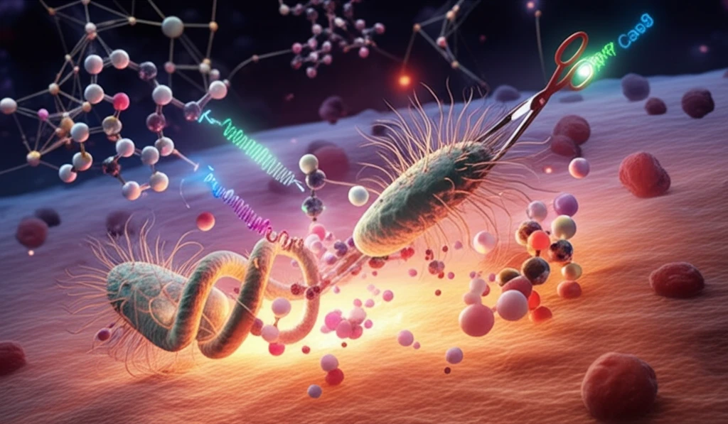 Microscopic Toxoplasma gondii parasite with glowing sugar molecules, CRISPR/Cas9 scissors, and interconnected pathways