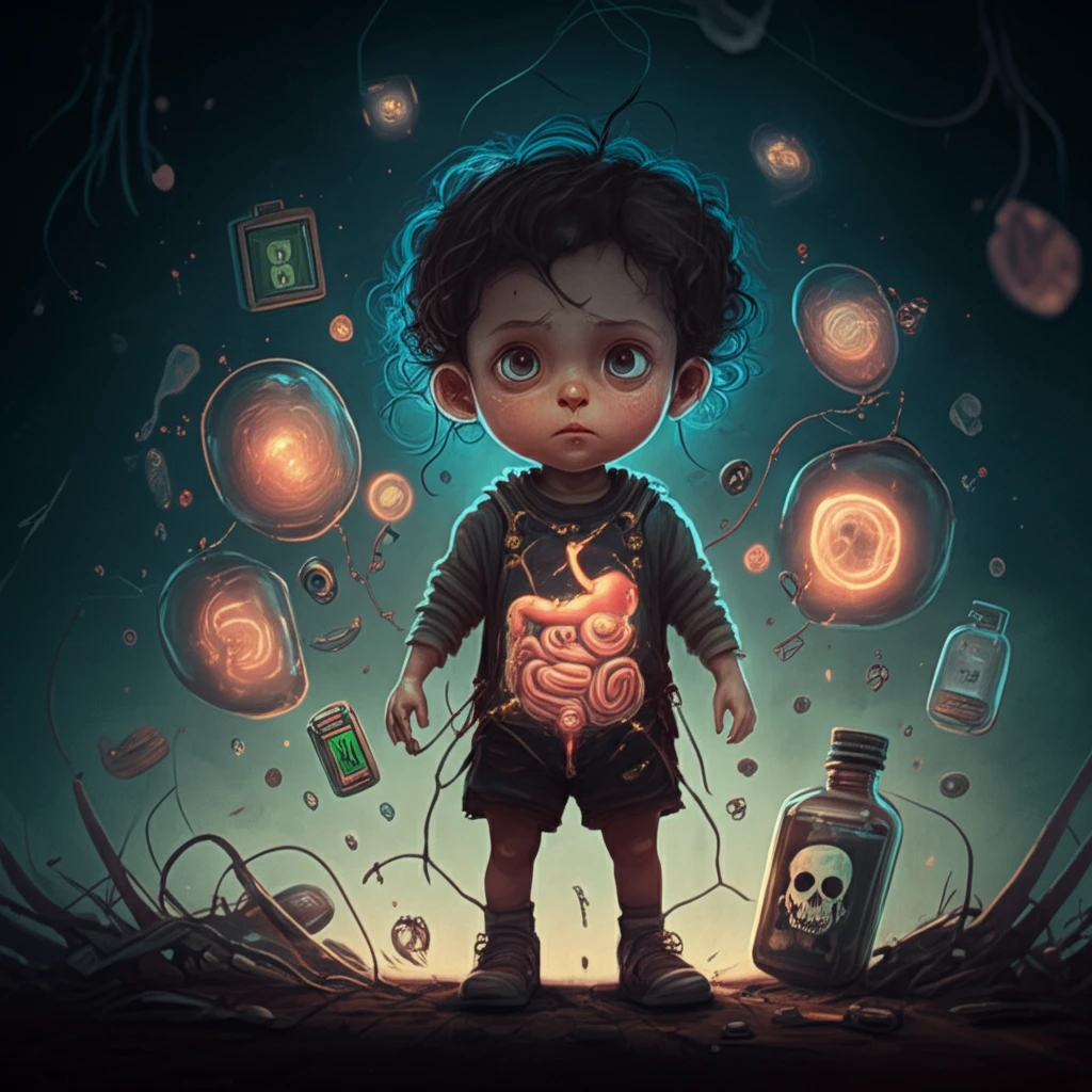 A digital illustration representing pediatric digestive emergencies, featuring digestive organs, a battery, and a warning symbol.
