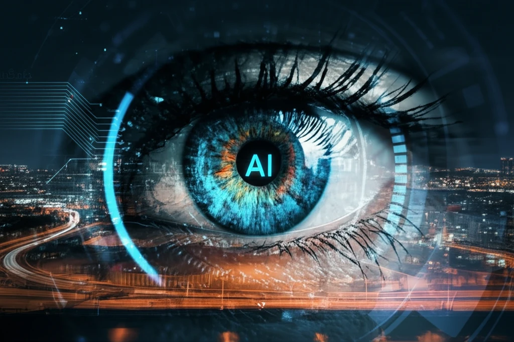 AI-enhanced iris recognition system detecting glasses with futuristic technology.