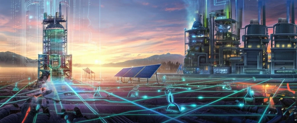Biomass processing plant illustration showcasing energy flow and thermal techniques.