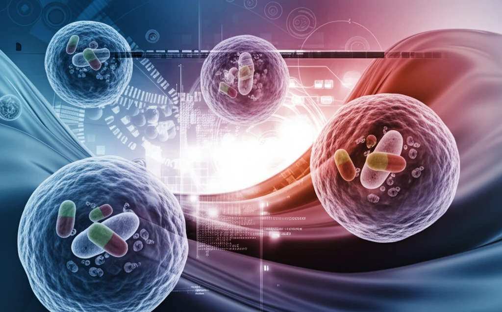 Surreal illustration of liposomes and TEM microscope