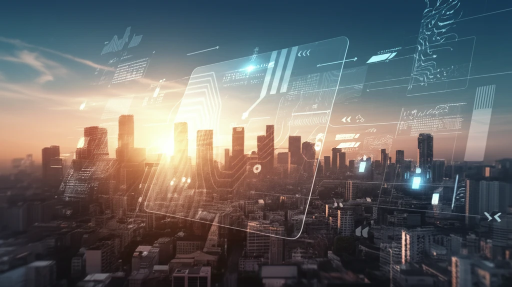 Futuristic transparent technology seamlessly integrated into a city.