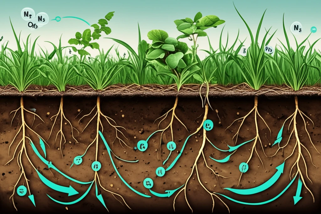Surreal illustration of a no-till farming system with visible nitrogen cycling.