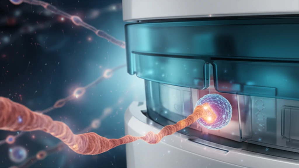 Glowing stem cells intertwining with a NanoString nCounter device, symbolizing precision and groundbreaking discoveries.
