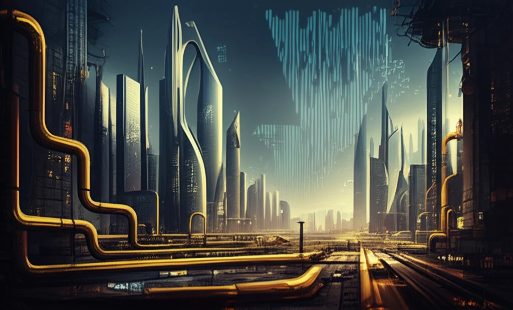 Futuristic cityscape of Riyadh with financial charts and oil pipelines, symbolizing Saudi Arabia's economic growth.