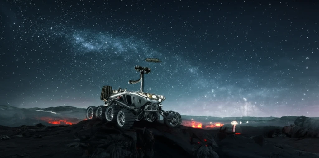 Futuristic lunar rover exploring a volcanic landscape.