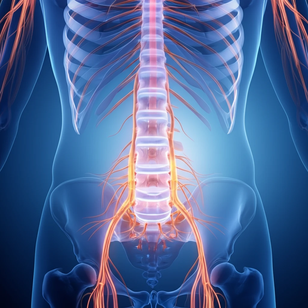 Stylized illustration of sacral nerves glowing with relief.