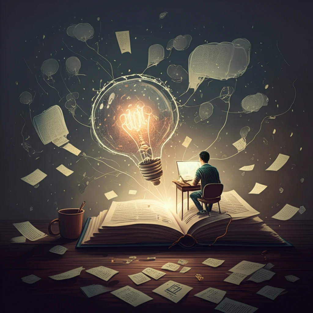 Surreal illustration of a writer planning a narrative.