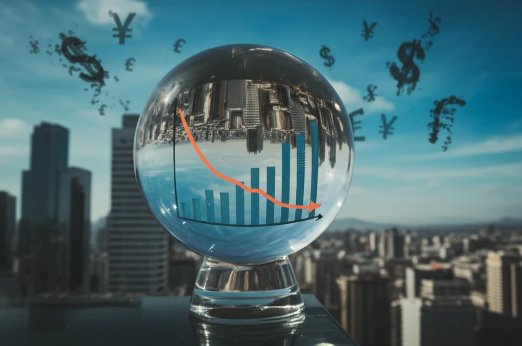Crystal ball reflecting inflation trends in a currency-filled cityscape.