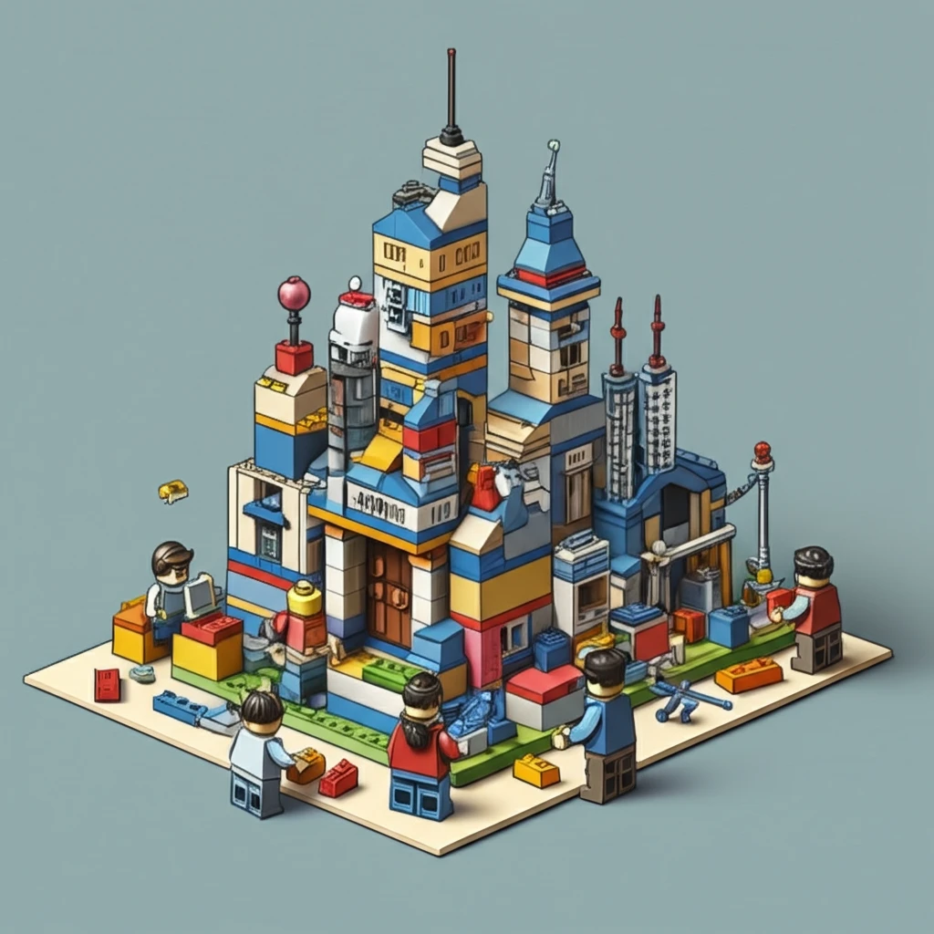 Diverse group collaboratively building a city with Lego bricks, symbolizing community participation and democratic governance.