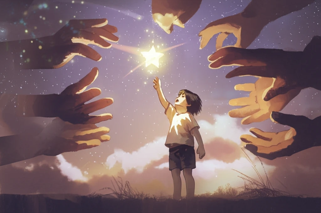 Child with intellectual disabilities reaching for a star with supportive hands guiding them.