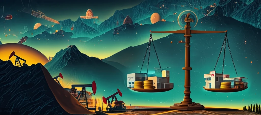 Scales balancing gold and community infrastructure, symbolizing fair resource taxation.