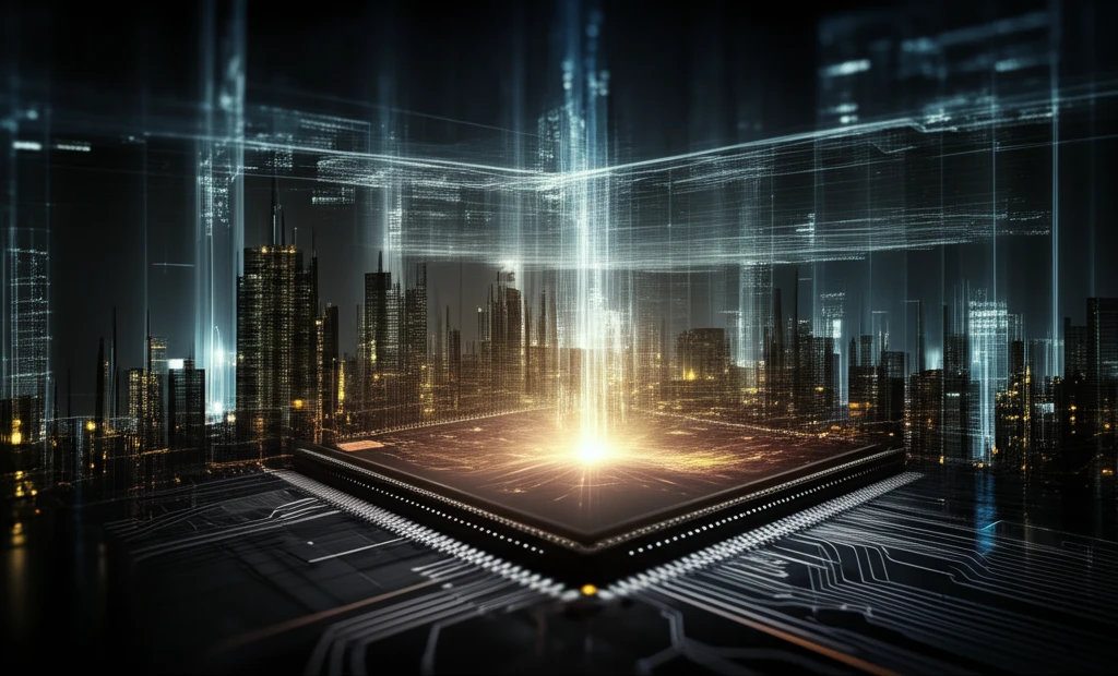 Glowing interconnected lines in a microchip city, symbolizing data flow optimization.